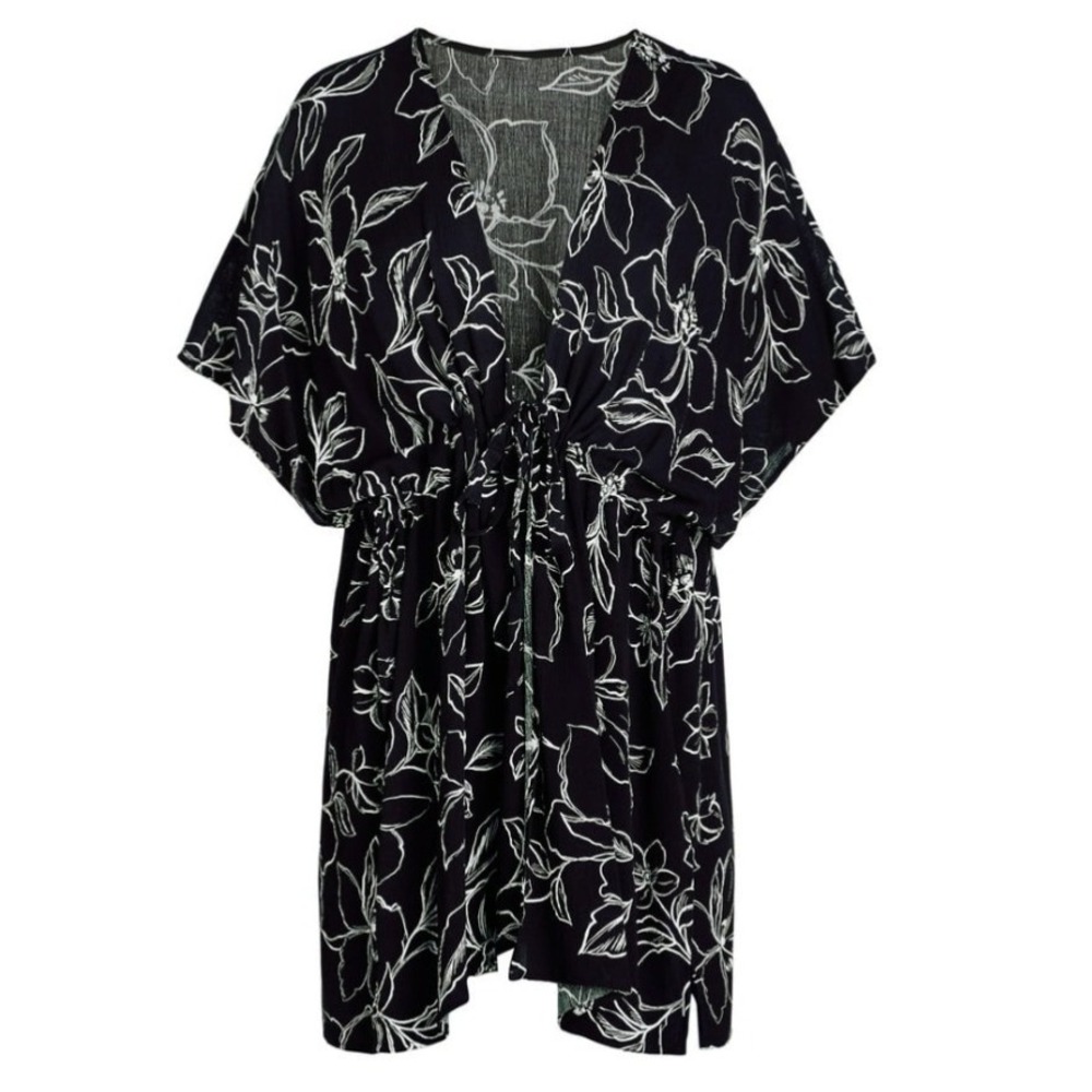 Time‎ and Tru Ruched Tie-Front Kimono Top S/M Black White Floral New NWT